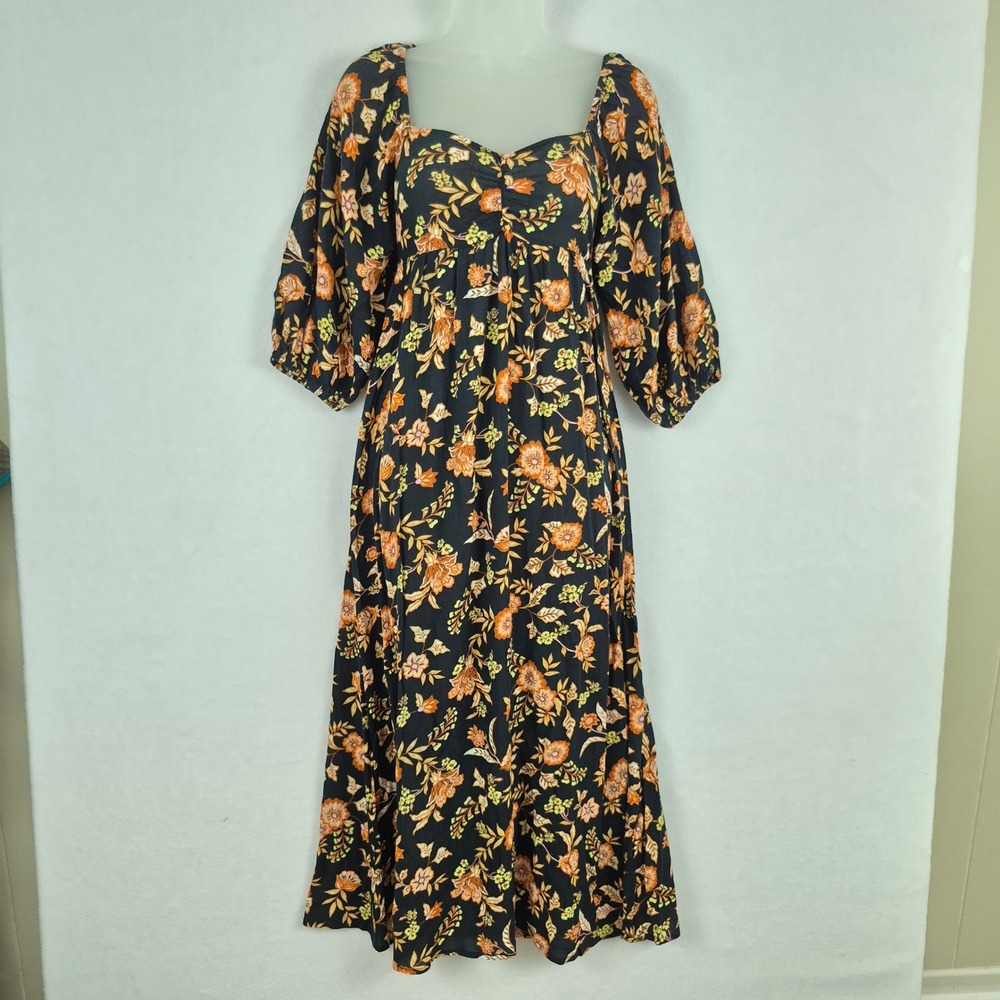 Fall Foliage Black Maxi Dress XS Boho Whimsigoth Balloon Sleeves Sweetheart Neck